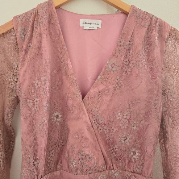 Lovers + Friends "Abigail" Lace Long Sleeve Mini Dress Metallic Rose Size Small - Picture 7 of 16